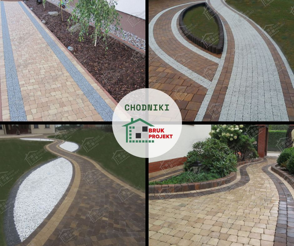 Kompilacja czterech zdjęć ukazujących różne aranżacje ścieżek i chodników z kostki brukowej i kamienia, zróżnicowane wzory ułożeń i materiały wykończeniowe, otoczenie roślinne.
