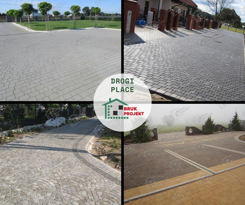 Kompilacja czterech zdjęć prezentujących różne aranżacje nawierzchni z kostki brukowej, w tym szarej, grafitowej i brązowo-żółtej, z widocznym logo firmy 'DROGI PLACE BRUK PROJEKT' nałożonym...