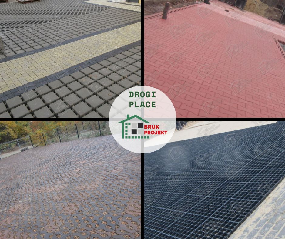 Kompozycja czterech zdjęć przedstawiających różne nawierzchnie z ażurowych elementów betonowych i plastikowych, w tym szare z żółtymi pasami, czerwone, brązowe z wypełnieniem kruszywem oraz czarne...