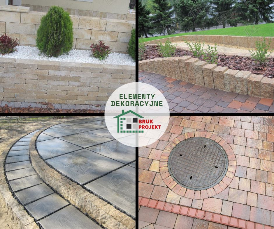 Kompozycja czterech ujęć: mur oporowy z jasnego kamienia z roślinami, ścieżka z kostki granitowej z niskim murkiem, schody z dużych płyt kamiennych, studzienka kanalizacyjna otoczona kolorową...