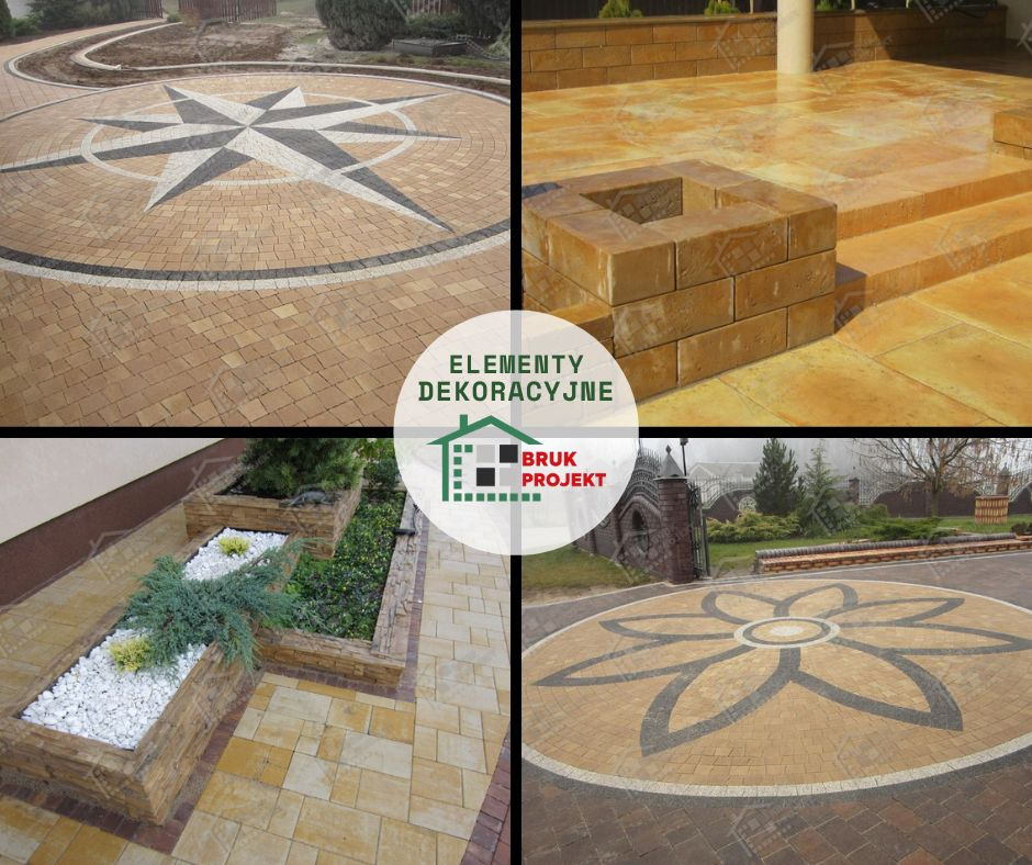 Kompozycja czterech zdjęć prezentujących aranżacje przestrzeni z użyciem kostki brukowej w odcieniach beżu i brązu: wzór kompasu na okrągłym podjeździe, taras z kamiennym paleniskiem, rabaty...