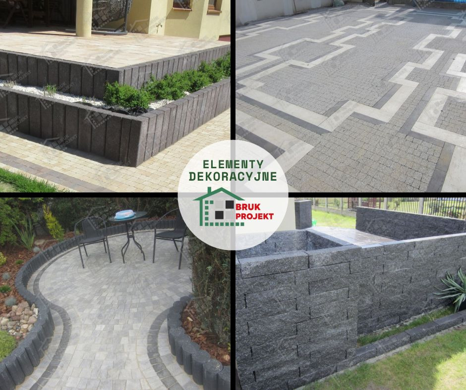 Kompilacja zdjęć prezentująca różnorodne aranżacje przestrzeni zewnętrznych z wykorzystaniem kostki brukowej i kamienia: taras z roślinami w podwyższonej rabacie, wzorzysty podjazd, patio z meblami...