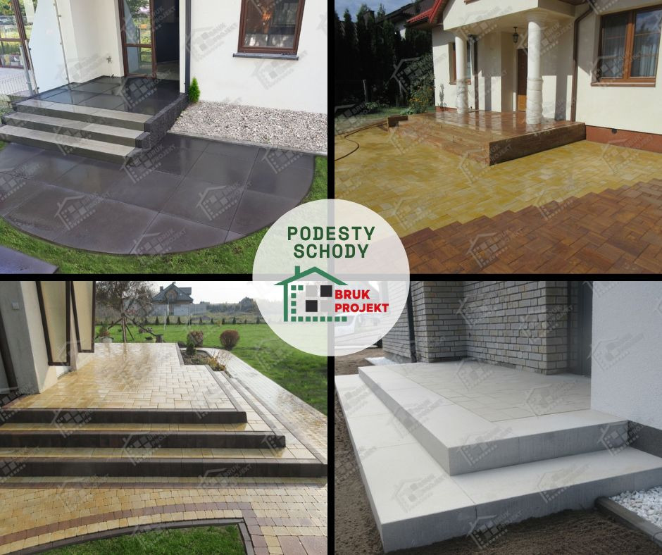 Kompilacja czterech zdjęć przedstawiających różne realizacje schodów i podestów zewnętrznych: schody z kostki brukowej w odcieniach szarości i grafitu, żółto-brązowe schody i taras z kostki, schody...