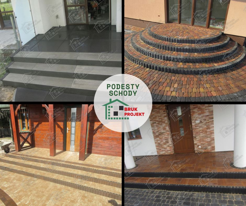 Kolaż czterech zdjęć przedstawiających różne rodzaje schodów zewnętrznych i podestów wykonanych z kamienia i kostki brukowej, otoczenie budynków mieszkalnych, widoczne różne style i kolorystyka...