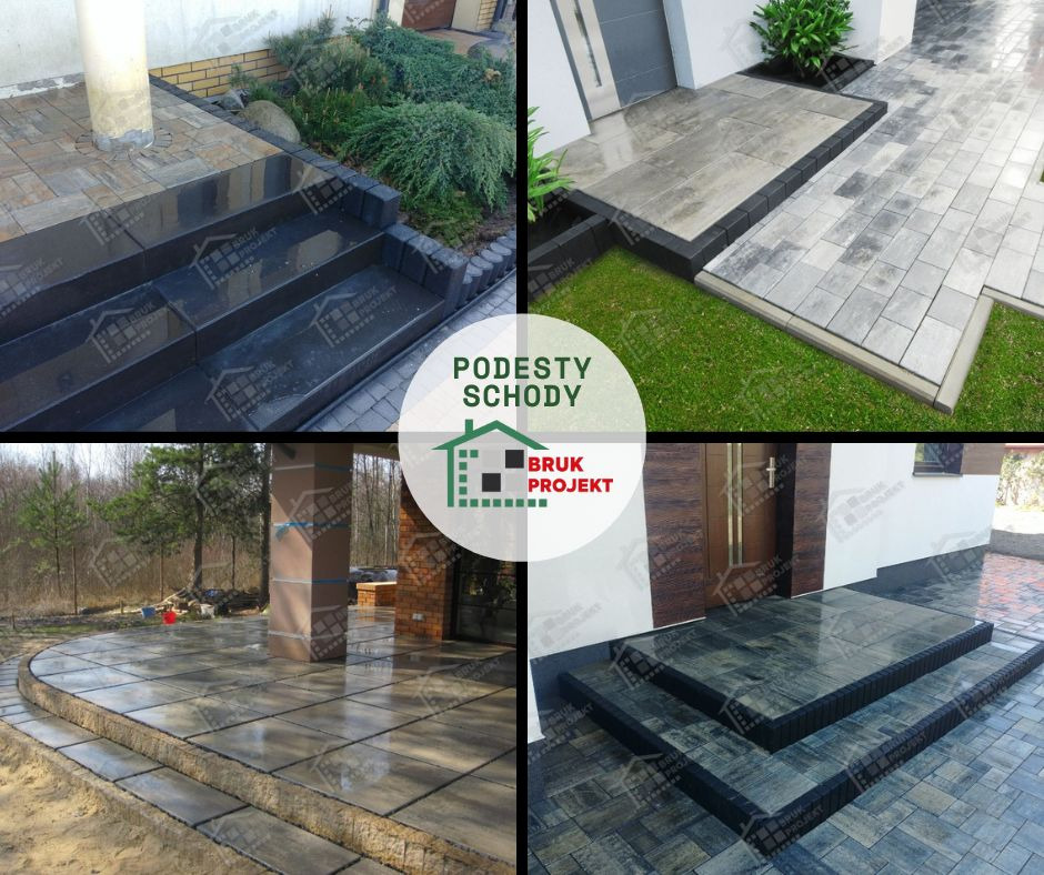 Kompozycja czterech ujęć: schody i podesty wykończone kamienną kostką w różnych aranżacjach, z logo firmy 'Bruk Projekt' nałożonym na środek. Widoczne różne style i kolory kostki, otoczenie zieleni...