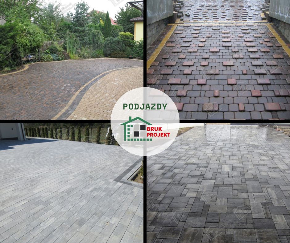 Kompozycja czterech ujęć nawierzchni z kostki brukowej: zakrzywiony podjazd z obramowaniem, fragment drogi z czerwonej kostki, szara nawierzchnia z odpływem liniowym i szara nawierzchnia...