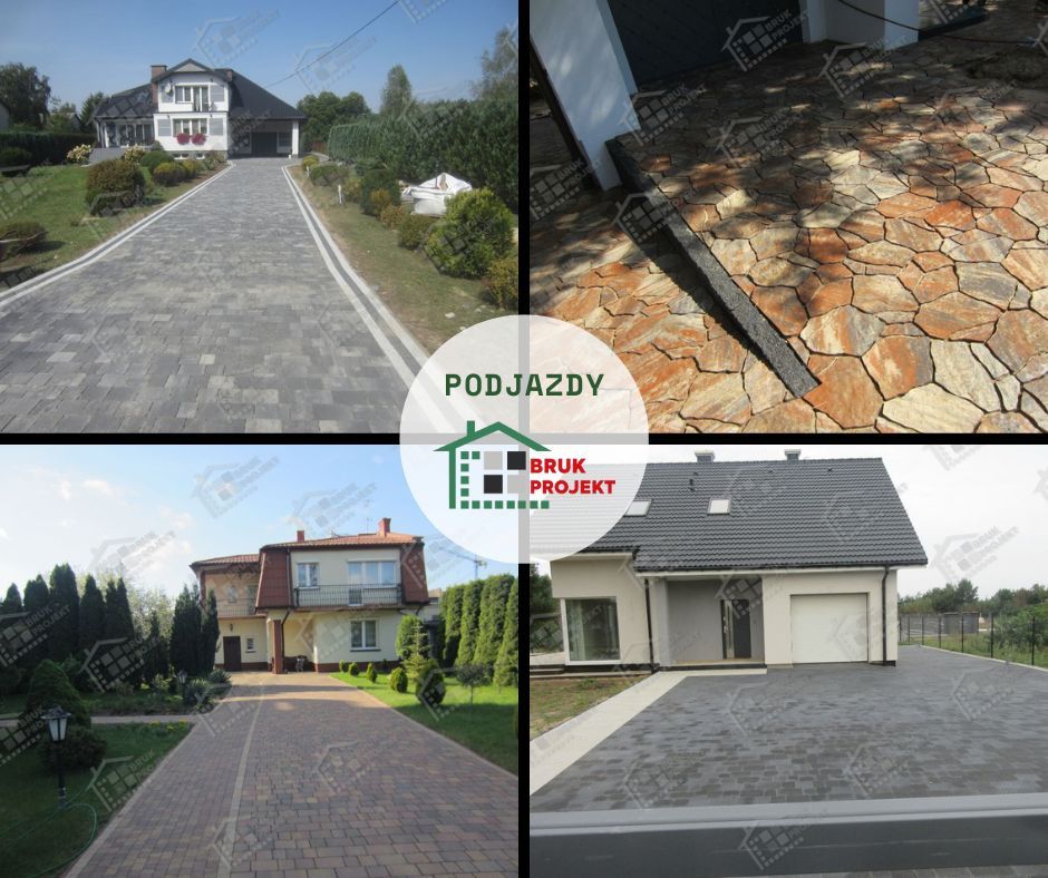 Mozaika czterech ujęć: szary podjazd z kostki brukowej prowadzący do domu, nieregularna nawierzchnia z kamienia naturalnego z odpływem liniowym, podjazd z żółtej kostki prowadzący do domu z ogrodem...