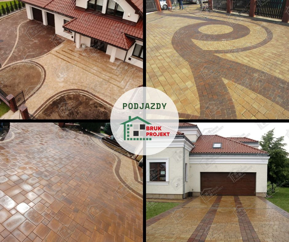 Kompozycja czterech ujęć podjazdów z kostki brukowej w odcieniach brązu i beżu, prezentująca różne wzory ułożenia, w tym okrągły motyw i pasy dekoracyjne, z widocznymi domami w tle.