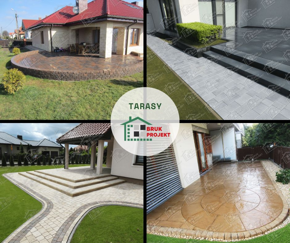 Kompozycja czterech zdjęć prezentujących różne aranżacje przestrzeni zewnętrznych: taras z kostki brukowej przy domu z czerwonym dachem, nowoczesny taras z szarych płyt z zielonymi akcentami...