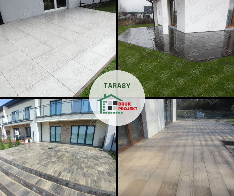 Kolaż przedstawiający różne realizacje tarasów z kostki brukowej i kamienia, w tym jasnoszary taras z kwadratowych płyt, ciemnoszary taras przylegający do budynku z zielonym trawnikiem, taras...