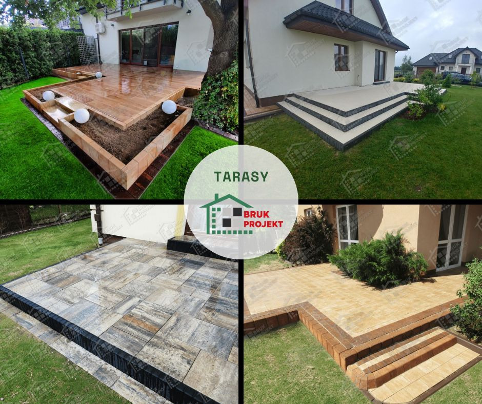 Kompozycja czterech zdjęć prezentujących różne aranżacje przestrzeni zewnętrznych: drewniany taras z oświetleniem kulistym, taras z betonowymi schodami, taras wyłożony płytami imitującymi kamień...