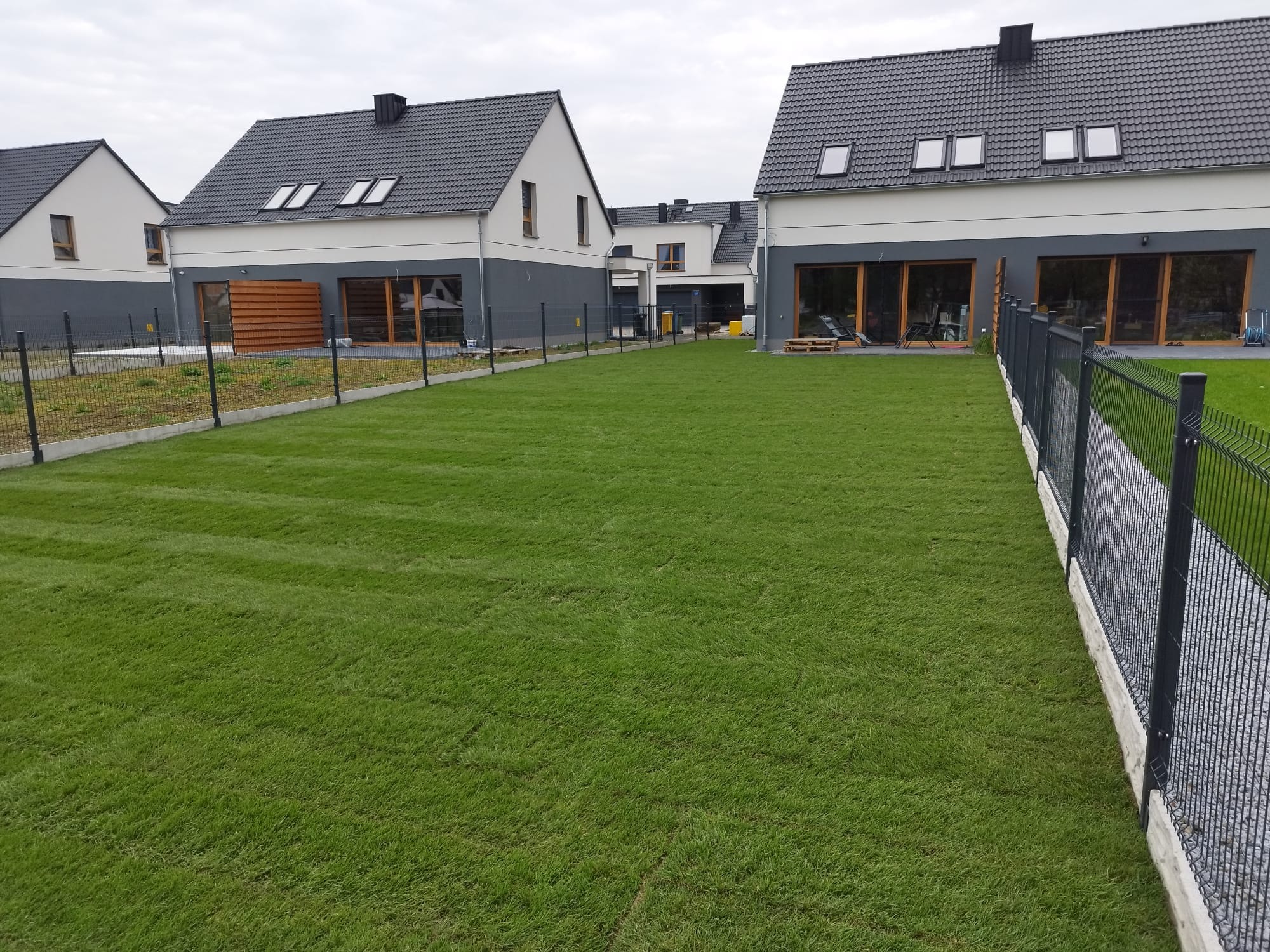 Nowo założony trawnik z rolki przed szeregiem nowoczesnych domów z ciemnymi dachami i szarymi elewacjami, ogrodzony panelem z siatki na betonowej podmurówce.