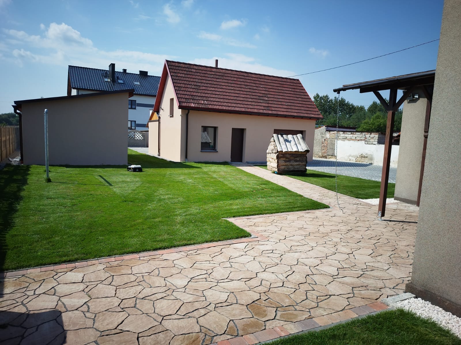 Widok na zadbany ogród z równo przystrzyżonym trawnikiem, ścieżką z kostki imitującej kamień prowadzącą do małego domku z czerwonym dachem, oraz dekoracyjną studzienką z drewna.