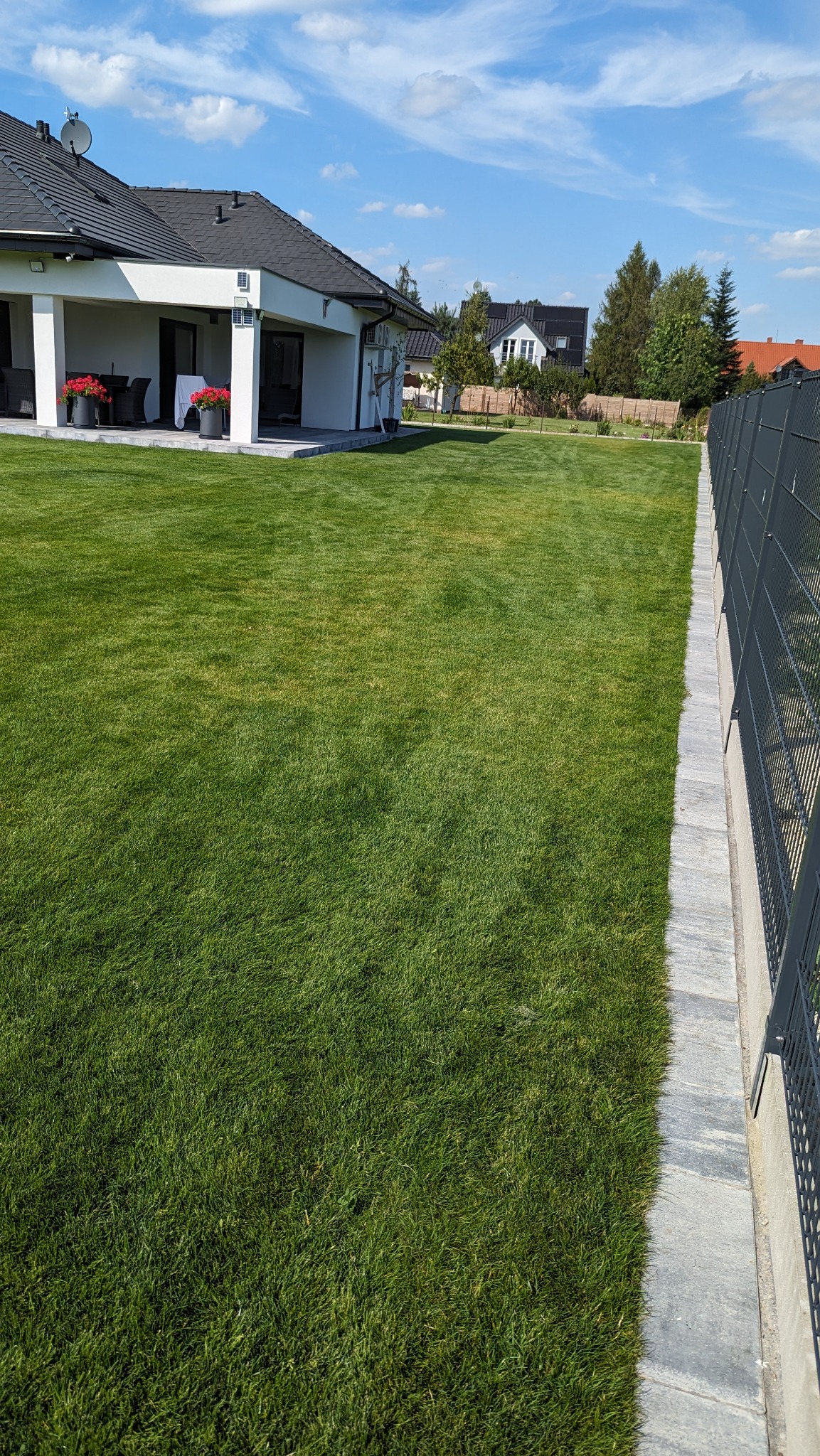 Rozległy, zielony trawnik przed nowoczesnym domem z ciemnym dachem, ogrodzony panelem z metalową siatką i betonową podmurówką, widok w słoneczny dzień.