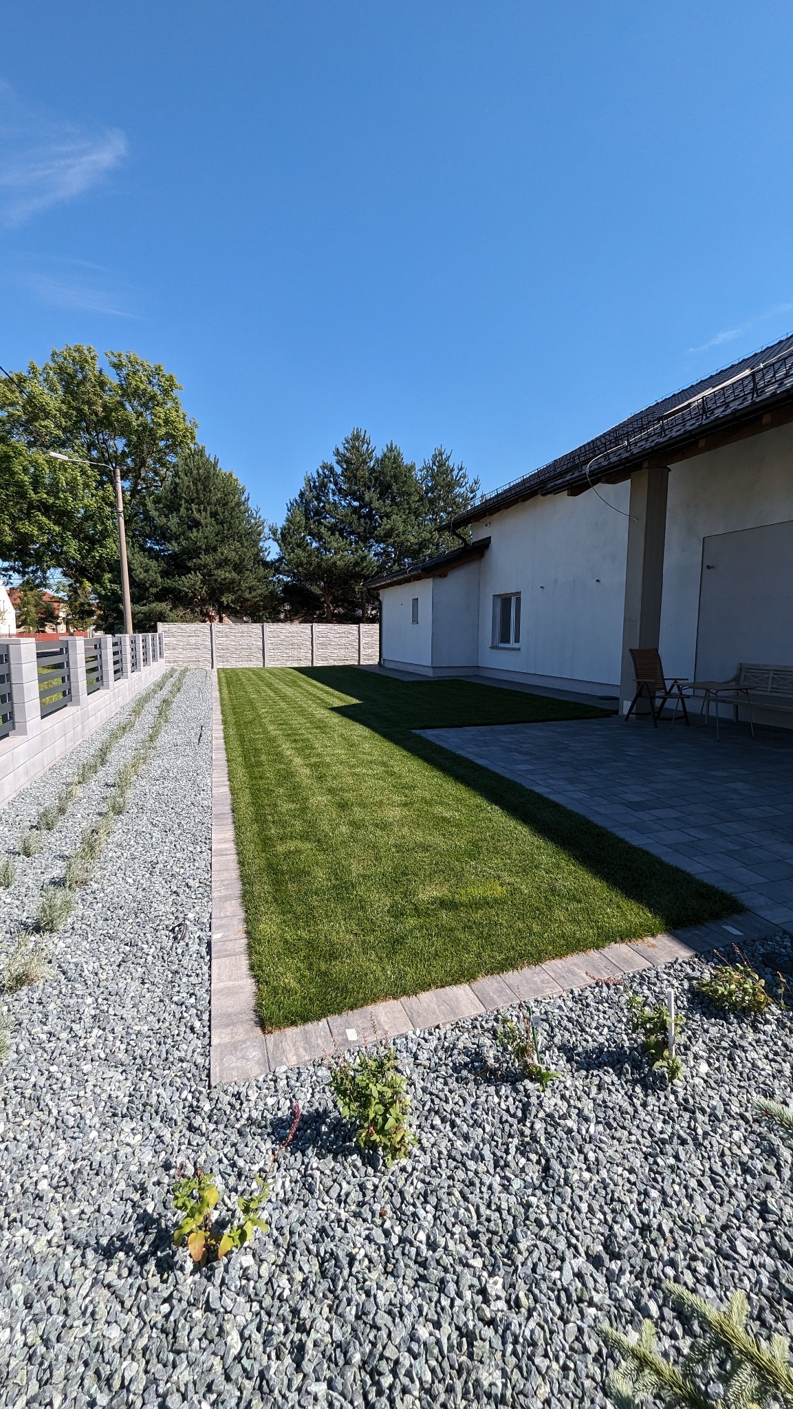 Perfekcyjnie utrzymany trawnik z równo przystrzyżoną trawą, obrzeżony kostką, graniczący z szarą rabatą wysypaną kamieniami i niskimi roślinami, widok na nowoczesny dom i ogrodzenie panelowe.