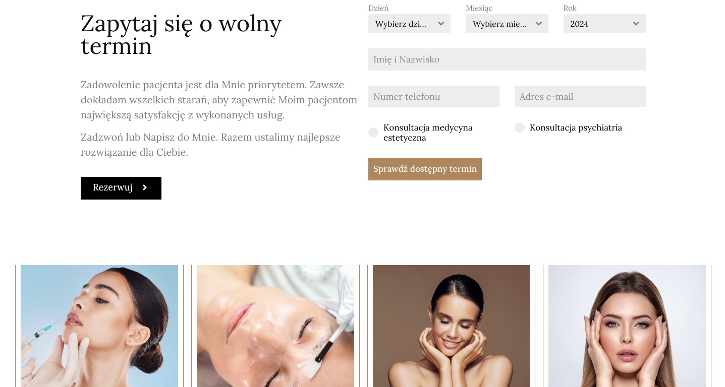 Formularz rezerwacji wizyty z wyborem daty, imienia i nazwiska, numeru telefonu, adresu e-mail oraz opcją konsultacji medycyny estetycznej lub psychiatrii, z przyciskiem rezerwacji i zdjęciami...