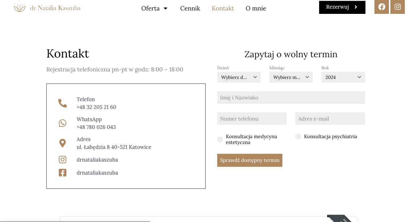 Strona internetowa z formularzem kontaktowym i danymi firmy: telefon, adres, WhatsApp, linki do Facebooka i Instagrama.