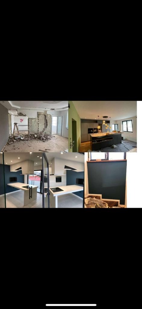 Kolaż przedstawiający remont kuchni: etap demontażu, stan surowy, oraz finalny wygląd z nowoczesną zabudową kuchenną w odcieniach bieli i granatu.