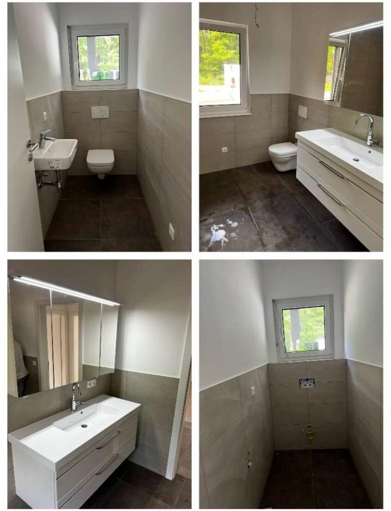 Cztery kadry z łazienki po remoncie: widok na toaletę i umywalkę z baterią, brązowe płytki podłogowe i beżowe na ścianach do połowy wysokości, białe ściany powyżej, okno z widokiem na zieleń...