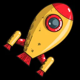 Ilustracja stylizowanej, żółto-czerwonej rakiety z okrągłym oknem i wzorami, na czarnym tle.
