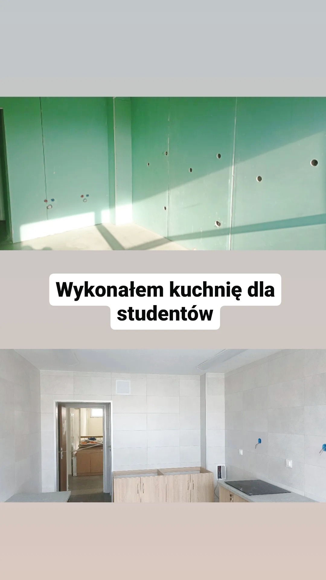 Dwuetapowa prezentacja remontu kuchni: górna część pokazuje surowe ściany z płyt kartonowo-gipsowych z otworami na instalacje, dolna część ukazuje wykończoną kuchnię z jasnymi płytkami, zabudową...