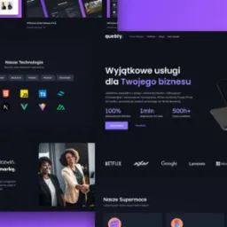 Prezentacja strony internetowej z ciemnym motywem, wyświetlona na ekranie tabletu, obok ikony technologii i referencje od klientów, podkreślające nowoczesny design i usługi dla biznesu.
