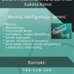 Grafika reklamowa firmy Bocian Monitoring & Service oferującej montaż, konfigurację i serwis alarmów, automatyki bram, domofonów, monitoringu, serwisu laptopów i instalacji elektrycznych,...