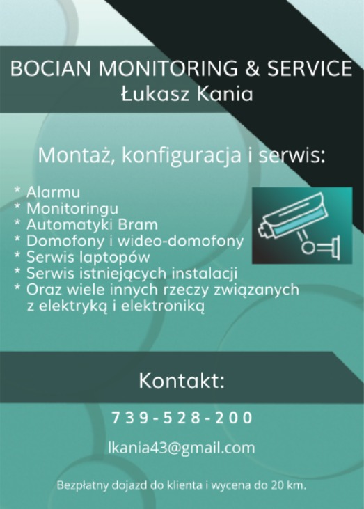 Grafika reklamowa firmy Bocian Monitoring & Service oferującej montaż, konfigurację i serwis alarmów, automatyki bram, domofonów, monitoringu, serwisu laptopów i instalacji elektrycznych,...