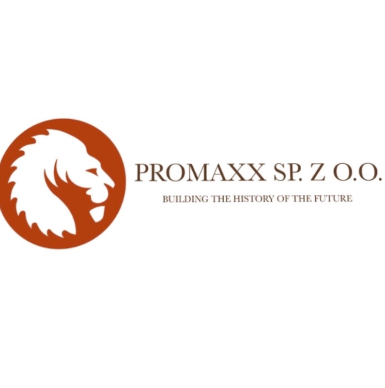 Logo firmy PROMAXX Sp. z o.o. z motywem lwa w okręgu i hasłem 'Building the history of the future'.