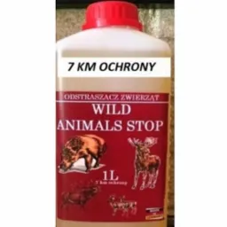 Butelka litrowego preparatu odstraszającego dzikie zwierzęta, z ilustracjami dzika, jelenia i sarny na etykiecie, z informacją o zasięgu ochrony 7 km.