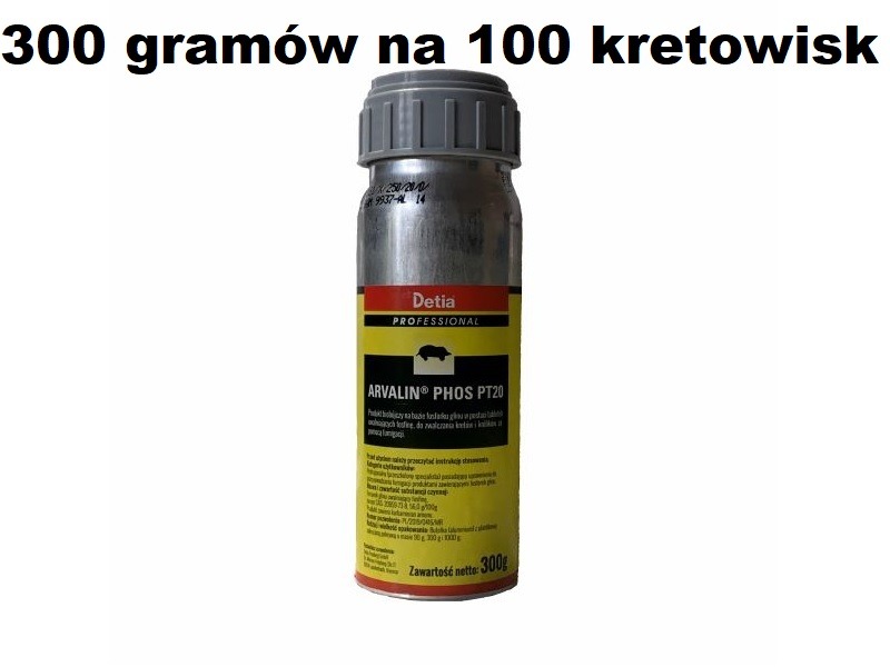 Puszka preparatu Detia Arvalin Phos PT20, przeznaczonego do zwalczania kretów, z informacją o dawkowaniu: 300 gramów na 100 kretowisk.