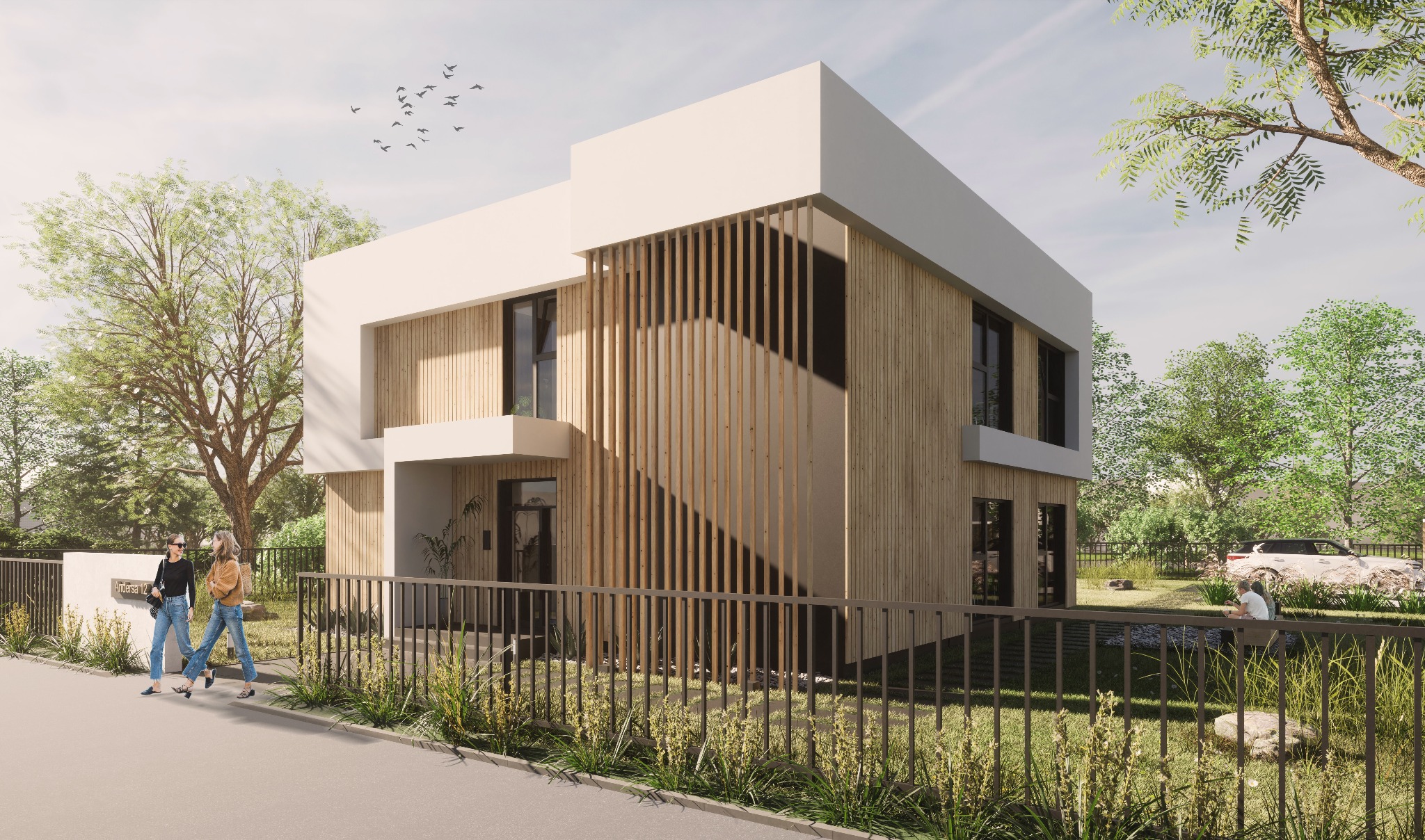 Propozycja budynku stworzonego z powtarzających się modułów wpasowany w zielone otoczenie