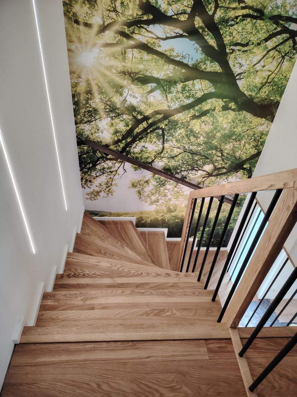 Kręte schody z jasnego drewna z czarnymi balustradami, na ścianie fototapeta z motywem drzew i słońca.