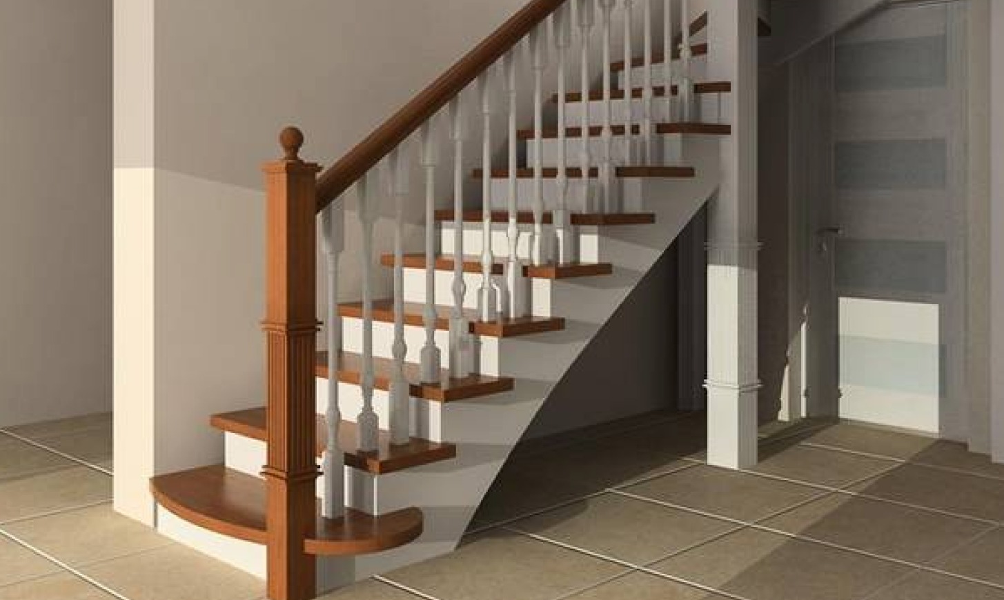 Klatka schodowa z drewnianymi stopniami i białymi balustradami, widoczny ozdobny słupek początkowy z kulistym zwieńczeniem, na podłodze płytki imitujące kamień.