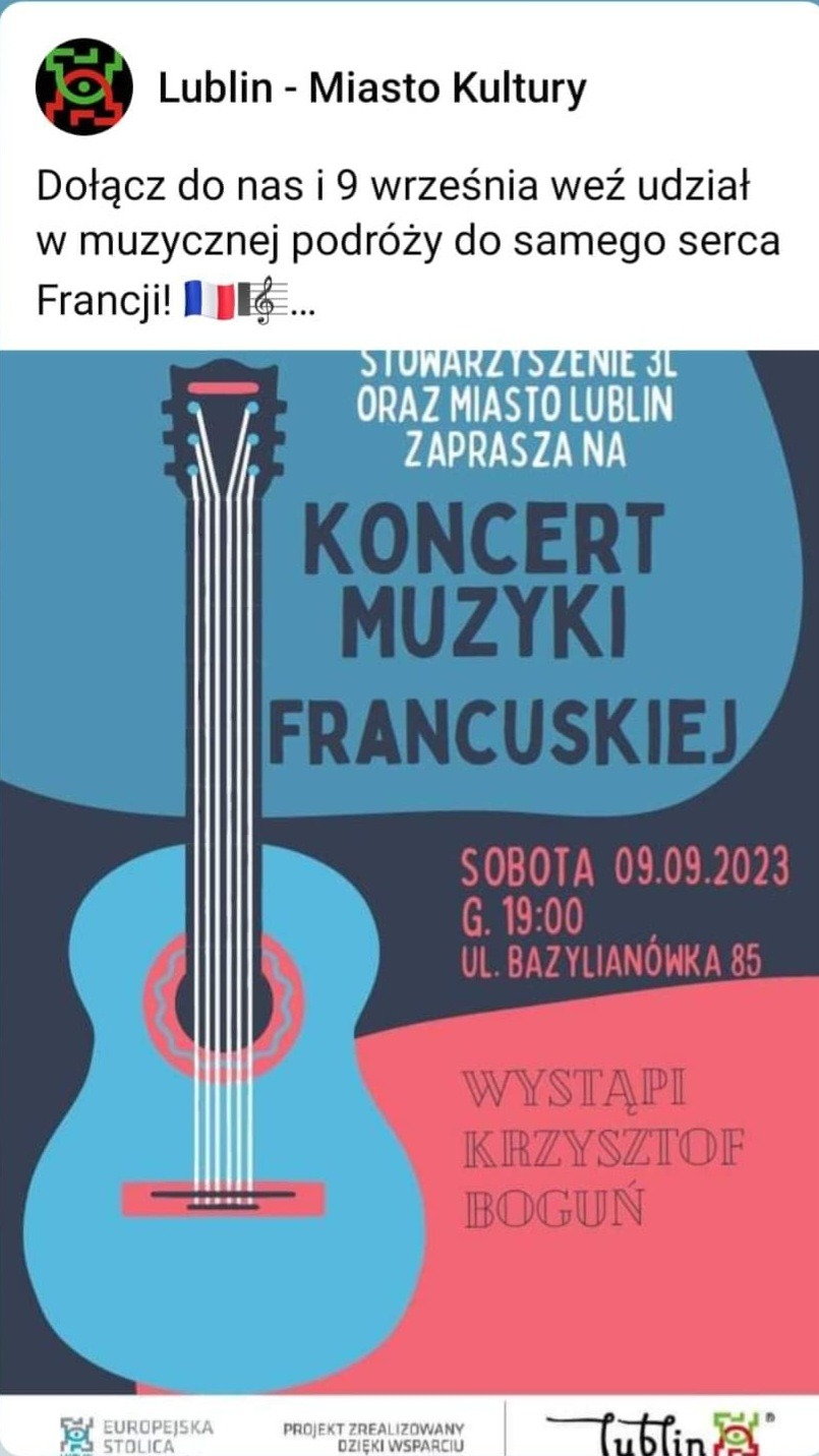 Plakat zapraszający na koncert muzyki francuskiej w Lublinie, 9 września 2023, grafika z uproszczoną gitarą w kolorach niebieskim i czerwonym.