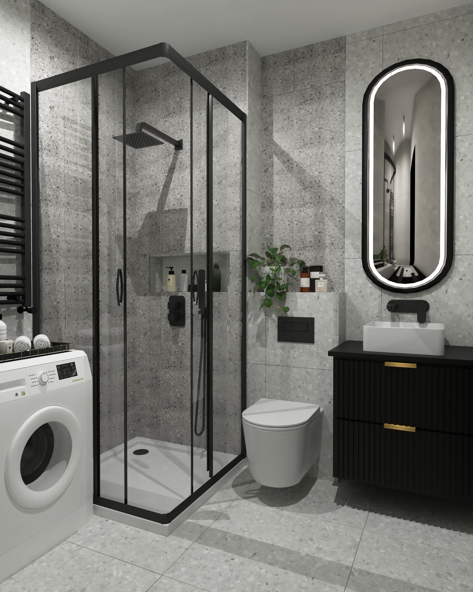 Nowoczesna łazienka w szarościach z kabiną prysznicową typu walk-in z czarnymi profilami, wiszącą toaletą, umywalką nablatową na szafce z ryflowanym frontem i podświetlanym lustrem owalnym, pralką...