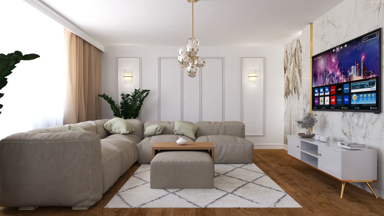 Jasny salon w Krakowie z narożną sofą modułową w odcieniach beżu, stolikiem kawowym, dywanem w geometryczny wzór, telewizorem na ścianie z marmurowym wykończeniem i nowoczesną lampą wiszącą.