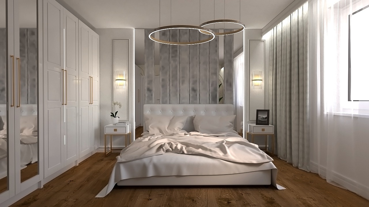 Elegancka sypialnia w bieli z drewnianą podłogą, okrągłe lampy wiszące, duże lustrzane szafy i subtelne oświetlenie ścienne.