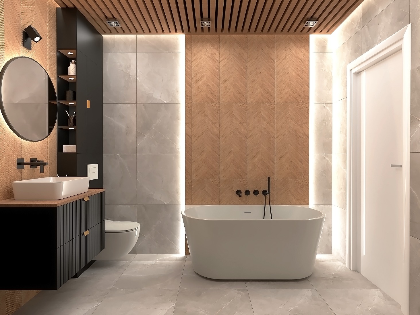 Nowoczesna łazienka z drewnianym sufitem i ścianą w jodełkę, biała wolnostojąca wanna z czarną armaturą, umywalka nablatowa na czarnej szafce z ryflowanymi frontami, okrągłe lustro z podświetleniem...