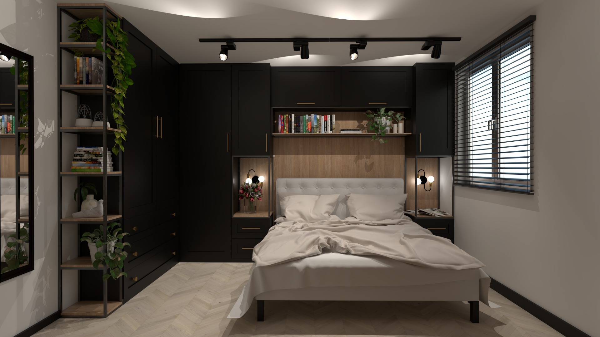 Nowoczesna sypialnia z czarnymi szafami, drewnianą zabudową nad łóżkiem, oświetleniem punktowym, regałem z roślinami i parkietem ułożonym w jodełkę.