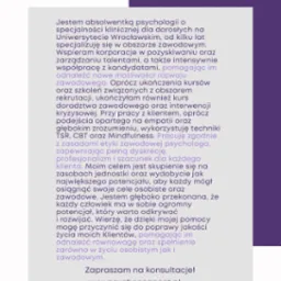 Tekst 'O mnie' z opisem doświadczenia psychologa, specjalizującego się w doradztwie zawodowym i rozwoju osobistym, z adresem strony internetowej na dole.