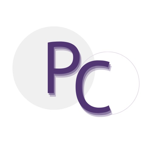Logo firmy z fioletowymi literami PC na tle szarych i białych kół.