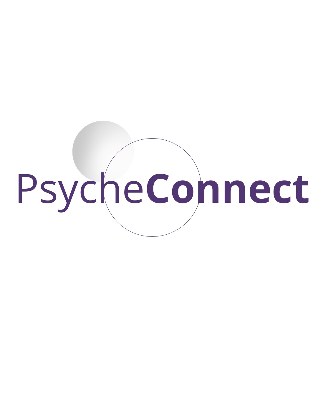 Logo 'PsycheConnect' w kolorze fioletowym, z szarym okręgiem i kulą, na białym tle.