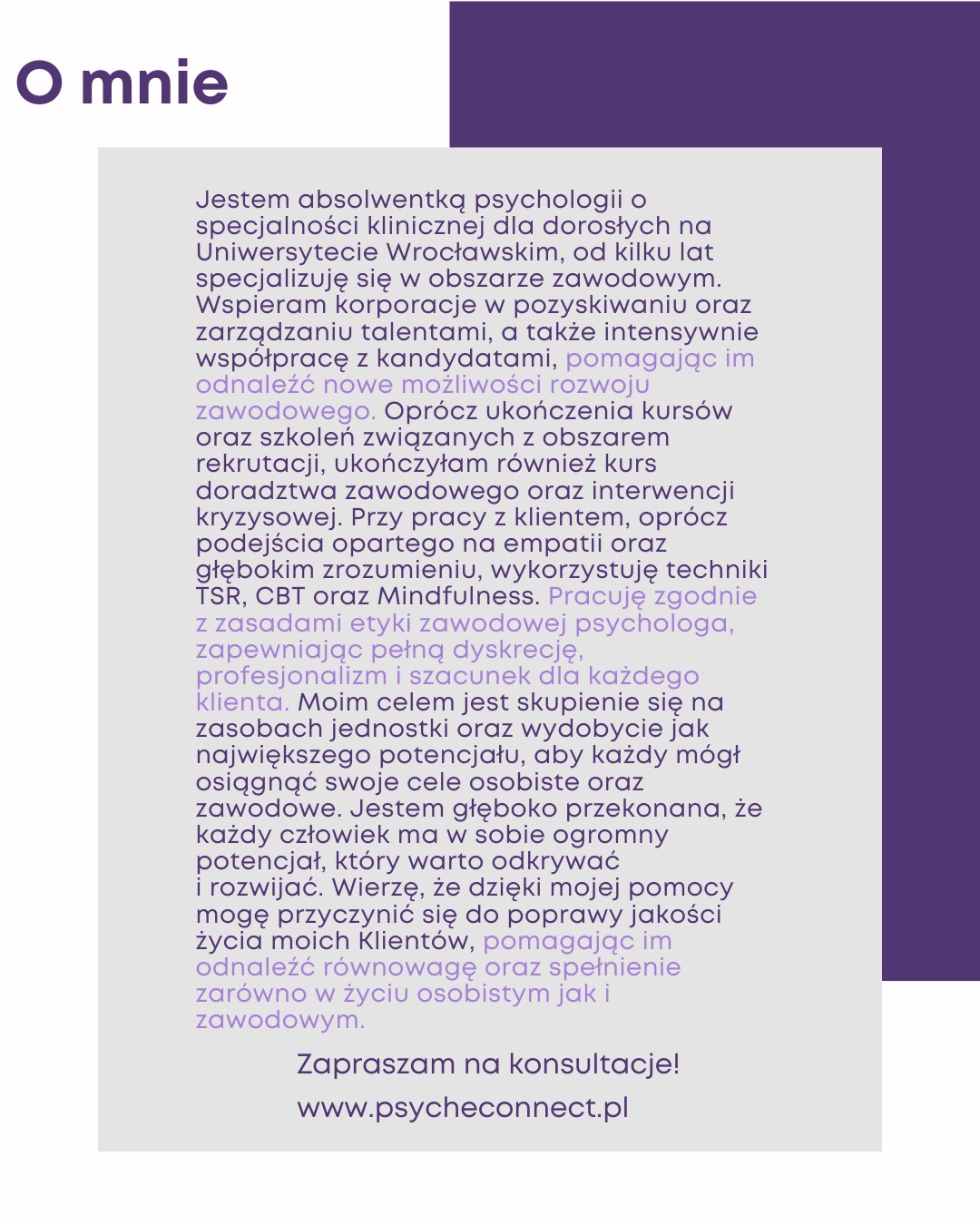 Tekst 'O mnie' z opisem doświadczenia psychologa, specjalizującego się w doradztwie zawodowym i rozwoju osobistym, z adresem strony internetowej na dole.
