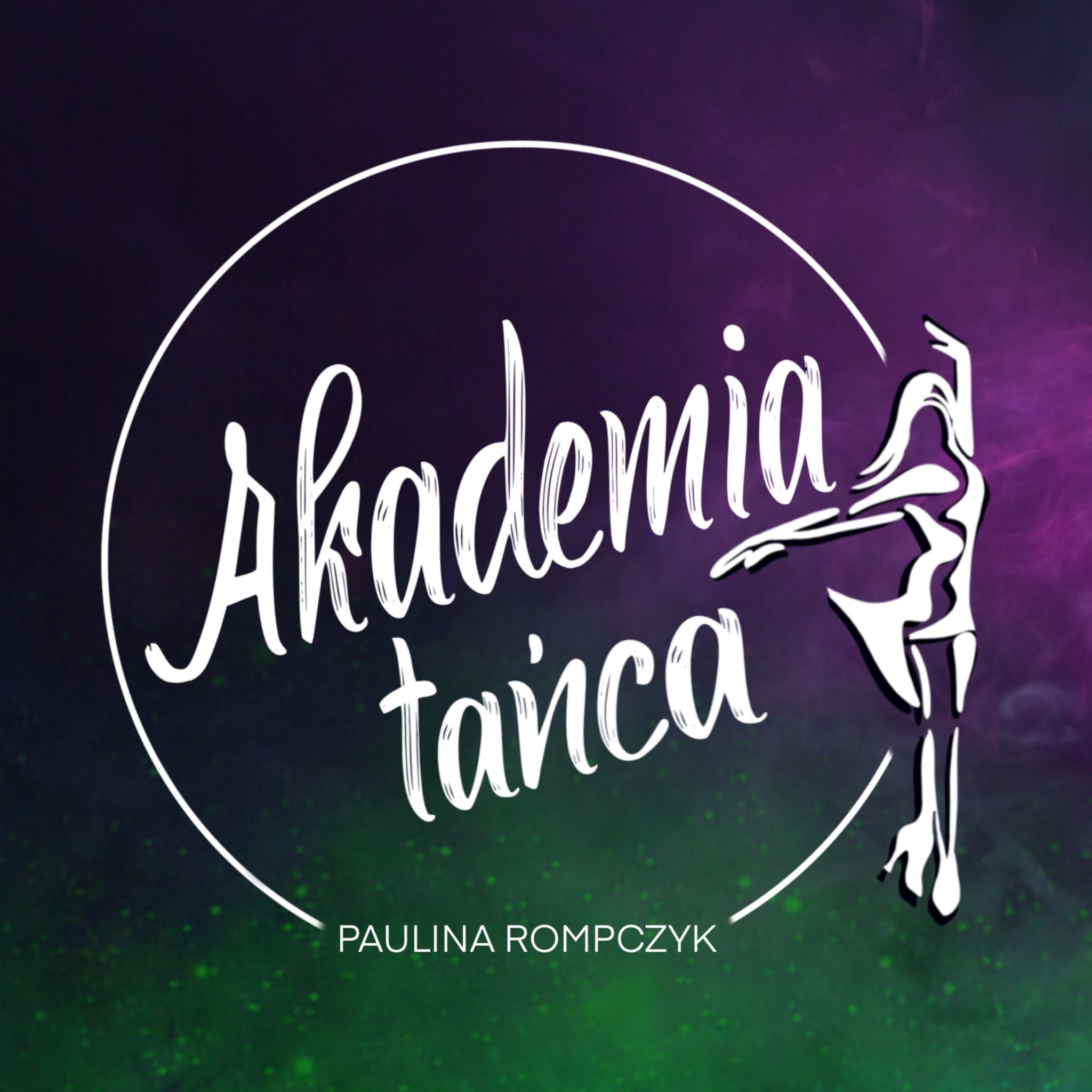 Logo Akademii Tańca Paulina Rompczyk z sylwetką tancerki w białym okręgu na tle fioletowo-zielonym.