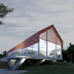 Wizualizacja nowoczesnego domu jednorodzinnego z dużymi przeszkleniami i dachem z czerwonej dachówki, wspartego na betonowych filarach, otoczonego zielenią.