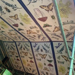 Mateusz Nowak - Wnętrze zadaszenia z dekoracyjną tapetą przedstawiającą motywy botaniczne i entomologiczne, widoczne metalowe elementy konstrukcyjne.