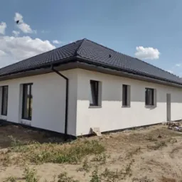 Biały dom z ciemnym dachem w słoneczny dzień. Widoczne okna, elewacja i fragment ogrodu. Dwa ptaki na niebie dodają dynamiki. Ujęcie z boku, podkreślające bryłę budynku.