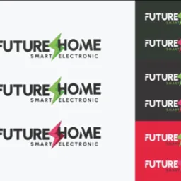 Logo firmy Future Home Smart Electronic w kilku wariantach kolorystycznych, z symbolem błyskawicy w miejscu litery O.