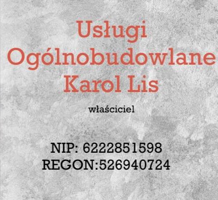Wizytówka firmy budowlanej Karol Lis z NIP i REGON na tle szarej, teksturowanej ściany.